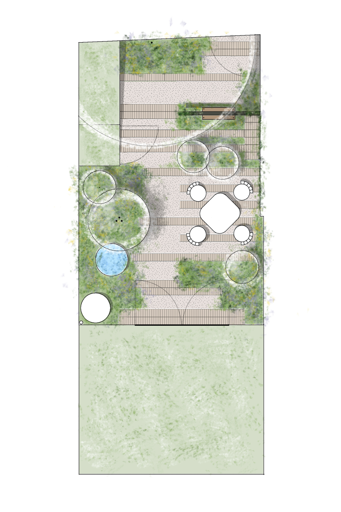 Een tuinontwerpplan met verschillende groenpartijen, houten terrassen, waterpartij en tuinmeubels.
