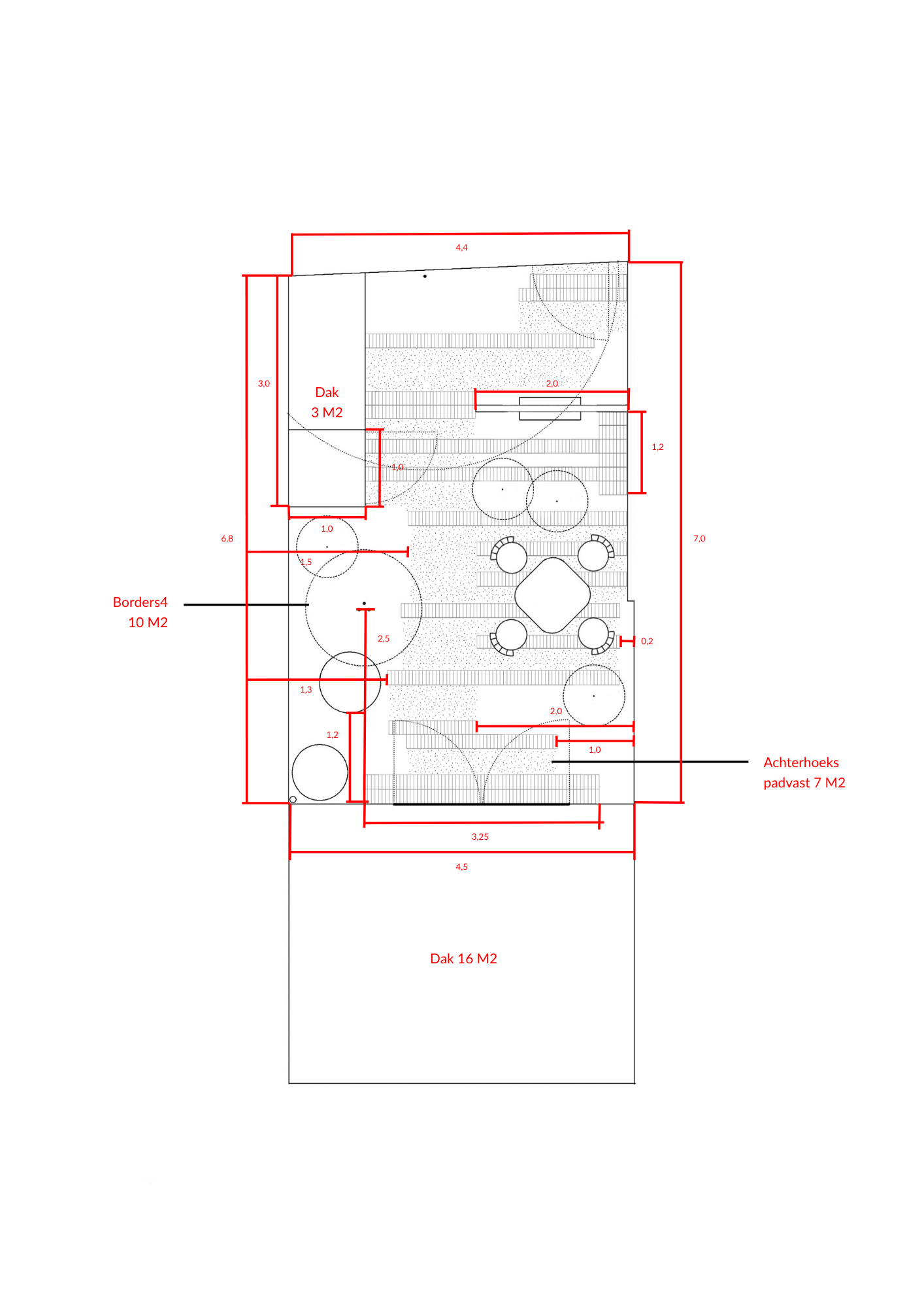 Technische tekening van een ecologisch tuinontwerp, met plattegrond van maatvoering, van Studio Jong Baw