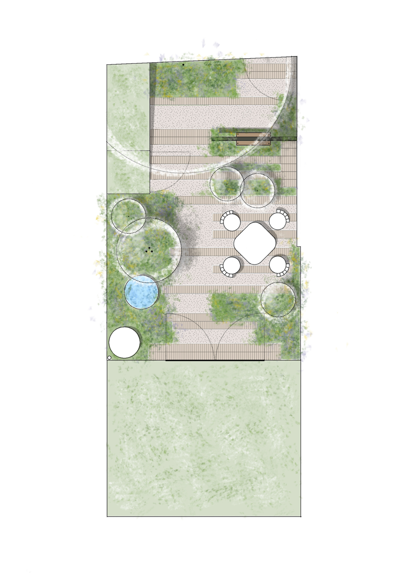 Een architectuurtekening van een tuinontwerp met klinkers, waaltjes, en Achterhoeks padvast, een schommel, planten, bomen, zitplaatsen en een fontein, in een ecologische tuin van Studio Jong Baw