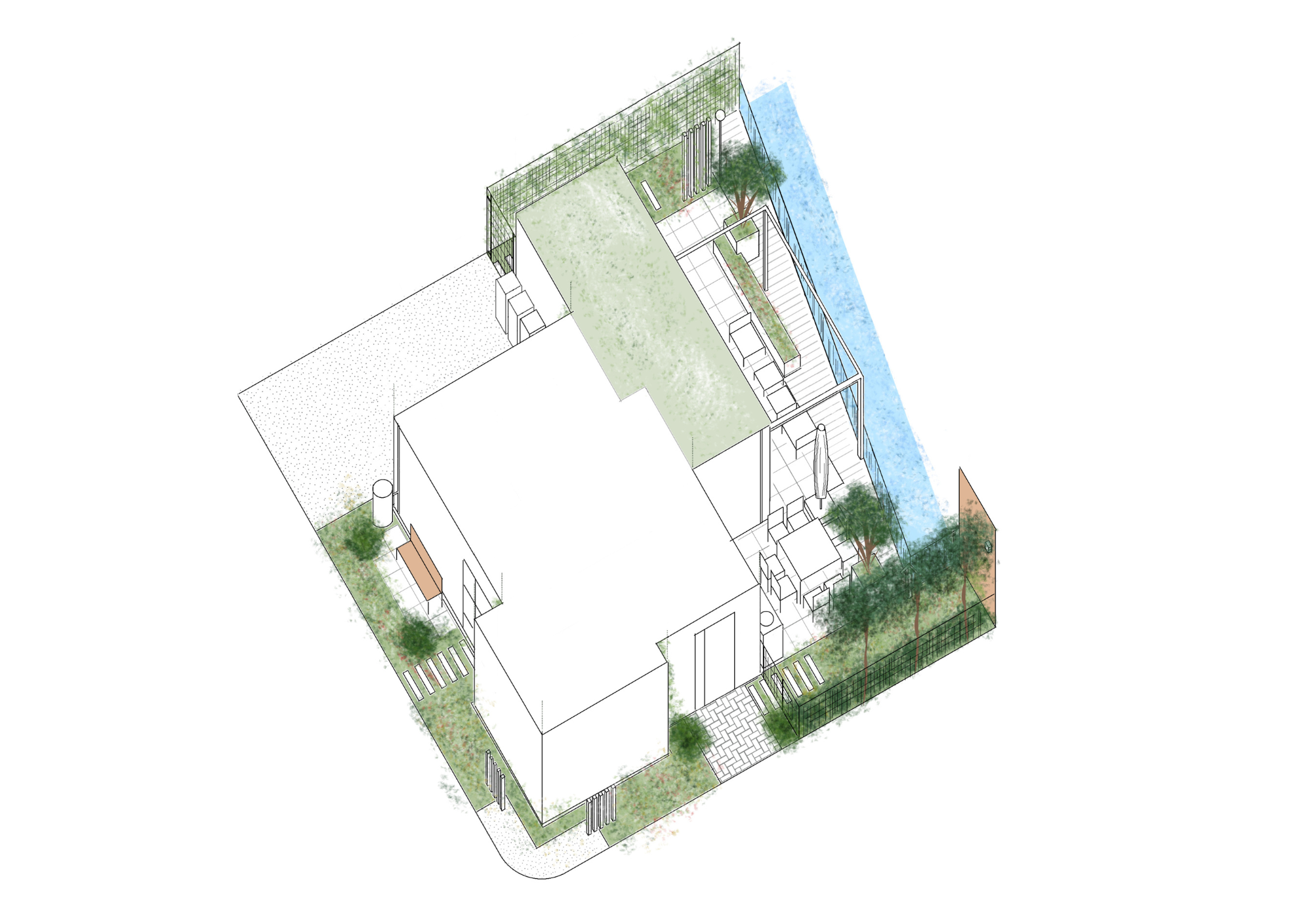 Ecologisch tuinontwerp van Studio Jong Baw met veel beplanting en staptegels voor een nieuwbouwtuin met onderheid terras in Rotterdam