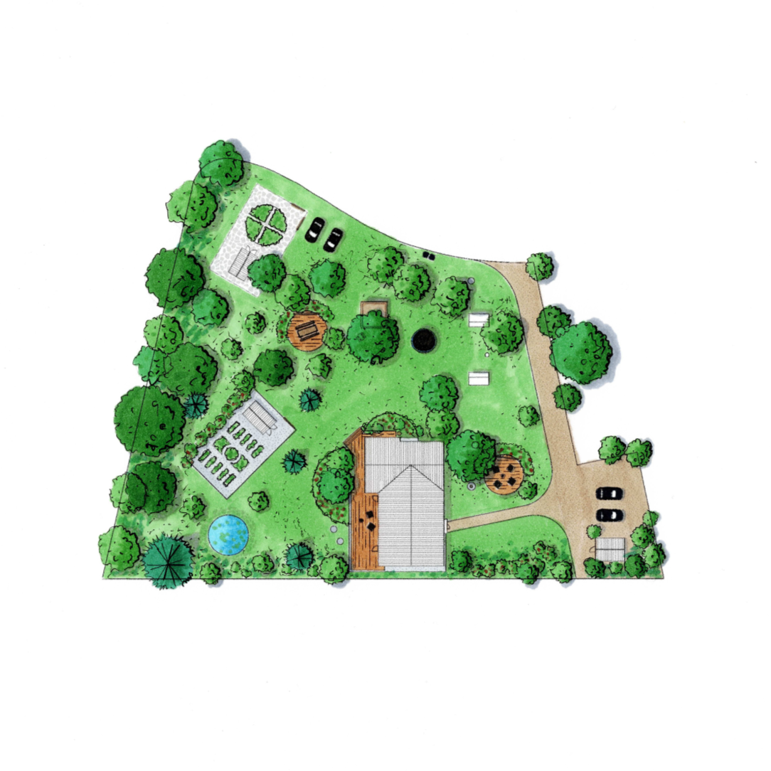 Tuinontwerp met een grasveld, bomen, trampoline, moestuin, kas, terras, oprit met parkeergelegenheid