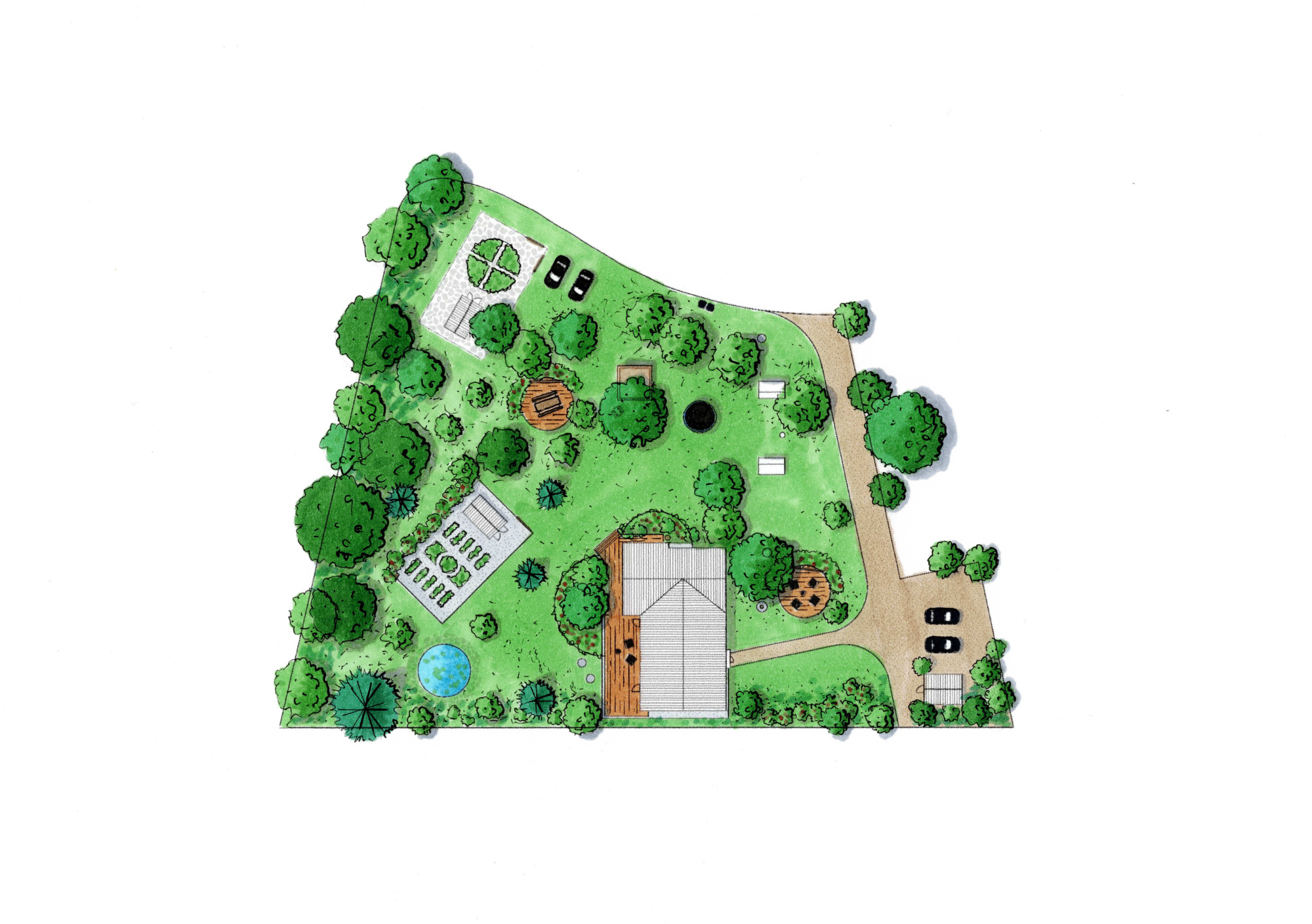 Studio Jong Baw ecologisch tuinontwerp voor landschappelijke tuin met een kas, vijver en veel eetbare planten