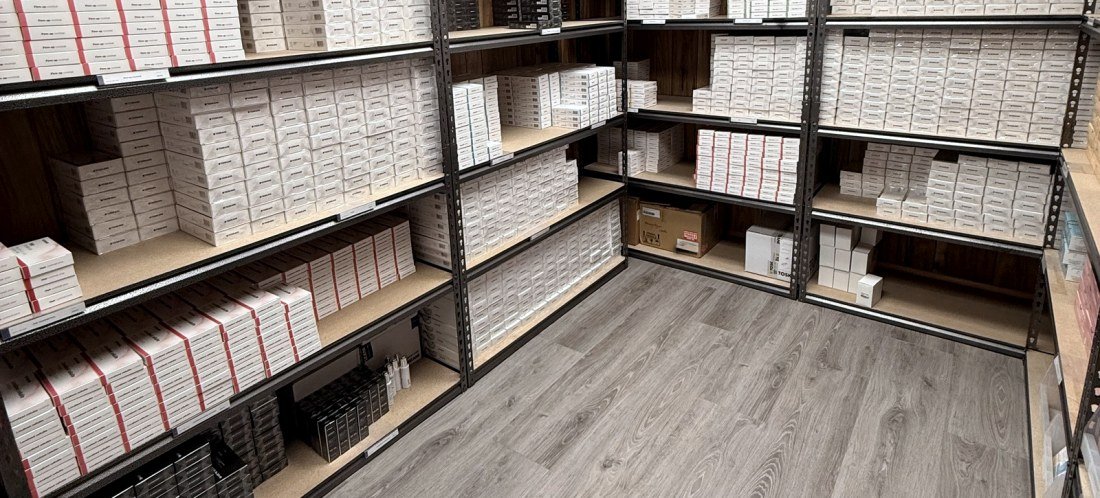 Climate-controlled inventory shelving at the Medley facility