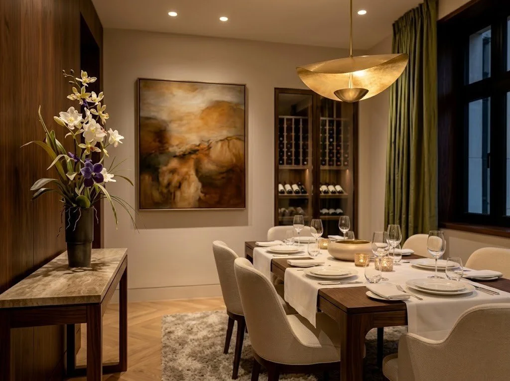 高級レストランの個室（プライベートダイニングルーム）に飾られた、名古屋のMASAKO MODESTE（マサコモデスト）による高さ90cmの豪華なレンタルフラワー。シックな黒い花器に、白と紫の胡蝶蘭や洗練されたグリーンのプリザーブドフラワーとアーティフィシャルフラワーをアレンジし、石目調のコンソールテーブルに設置。背景には、セッティングされたダイニングテーブル、抽象画、ワインセラーが並ぶ、モダンでラグジュアリーな空間。