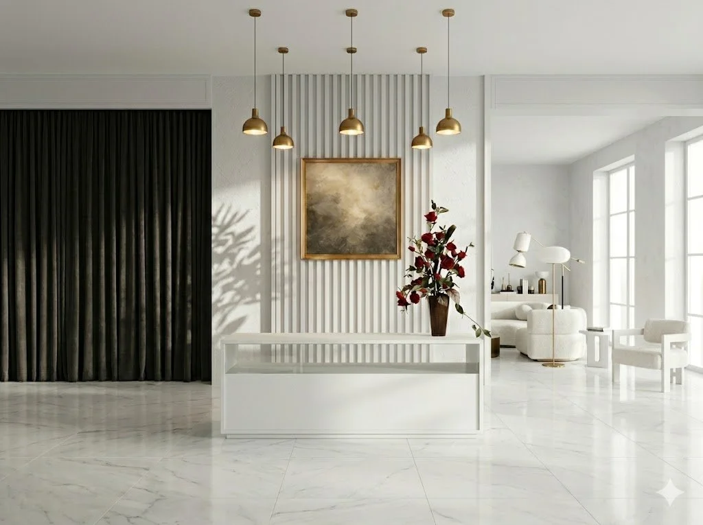 名古屋市の高級ハウスメーカー住宅展示場（モデルハウス）の展示ルームに飾られた、マサコモデストのレンタルフラワー事例。モダンな白いルーバー壁とゴールドのペンダントライトが映える空間で、白いコンソールテーブルの上に置かれた深紅のバラのアーティフィシャルフラワーの装花。上質な現代住宅の内装をエレガントに彩る様子