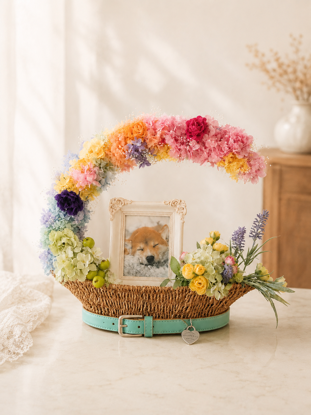 愛犬の写真を飾れる虹の橋モチーフのペット供養花、マサコモデストのレインボーアレンジ。プリザーブドフラワーとアーティフィシャルフラワー使用。