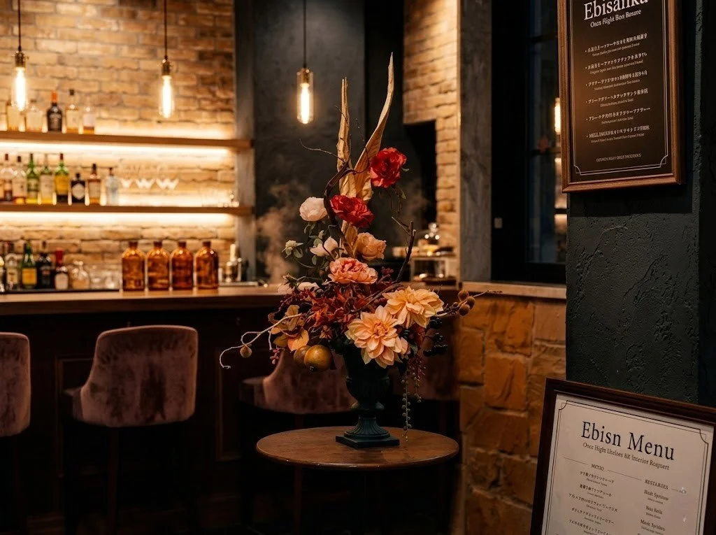 名古屋の「マサコモデスト」によるレンタルフラワー。高級会員制バーの雰囲気に合わせた、高品質なプリザーブドフラワーとアーティフィシャルフラワーの和洋モダンなアレンジメント。アンティーク調の黒い花器に、大輪のダリアやローズ、動きのある枝物を配した高さ70cmの豪華な作品。