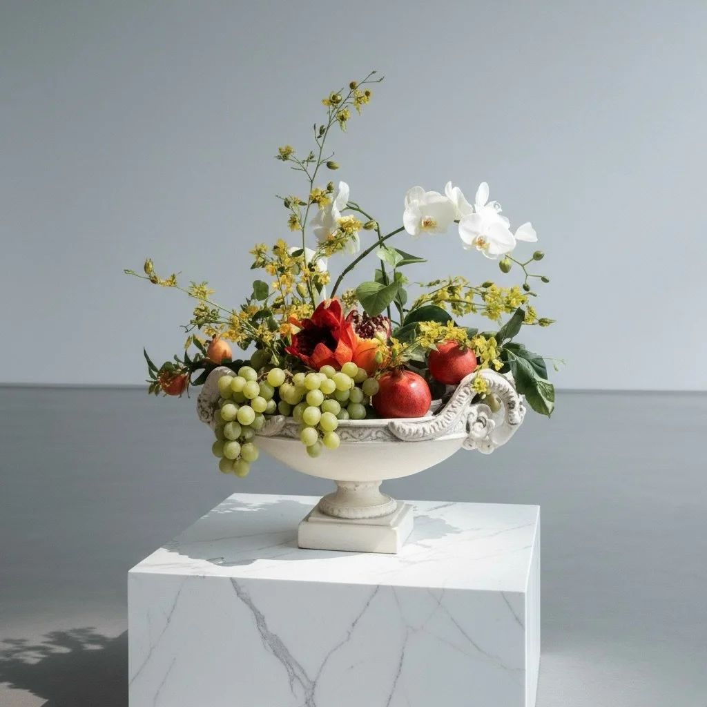 MASAKO TAKAMATSU 
SIGNATURE
a luxury line of MASAKO MODESTE

#マサコモデスト
#masakomodeste
#名古屋
#プリザーブドフラワー
#アーティフィシャルフラワー

絵画から抜け出したような、静寂と美の調和。
古典的な花器に、胡蝶蘭と果実をあしらったフラワーアレンジメントです。
洗練された空間を演出する、店舗ディスプレイのご提案。