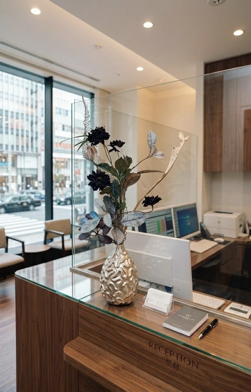 モダンな不動産オフィスを彩る、高品質なレンタルフラワー。落ち着いたビジネスを演出