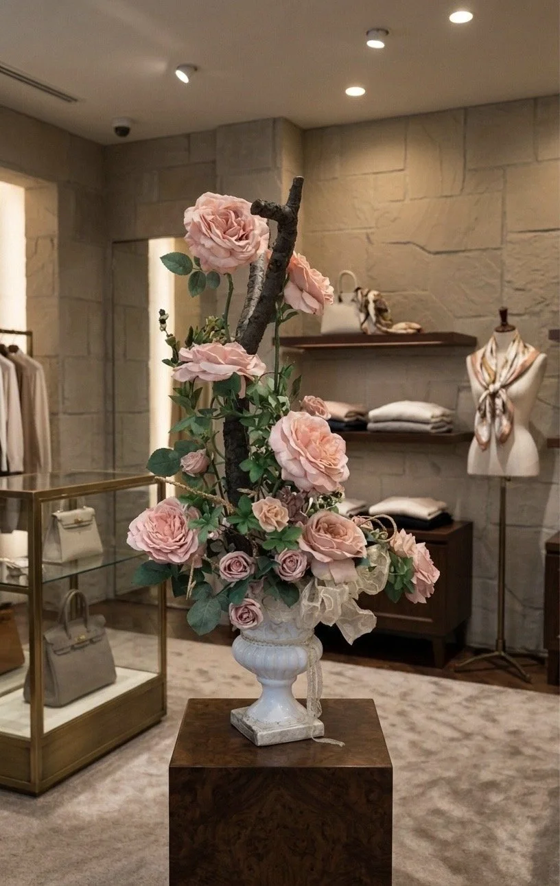 ファッションブランドの売り場に飾られた、デザイン性の高いモダンなレンタルフラワー