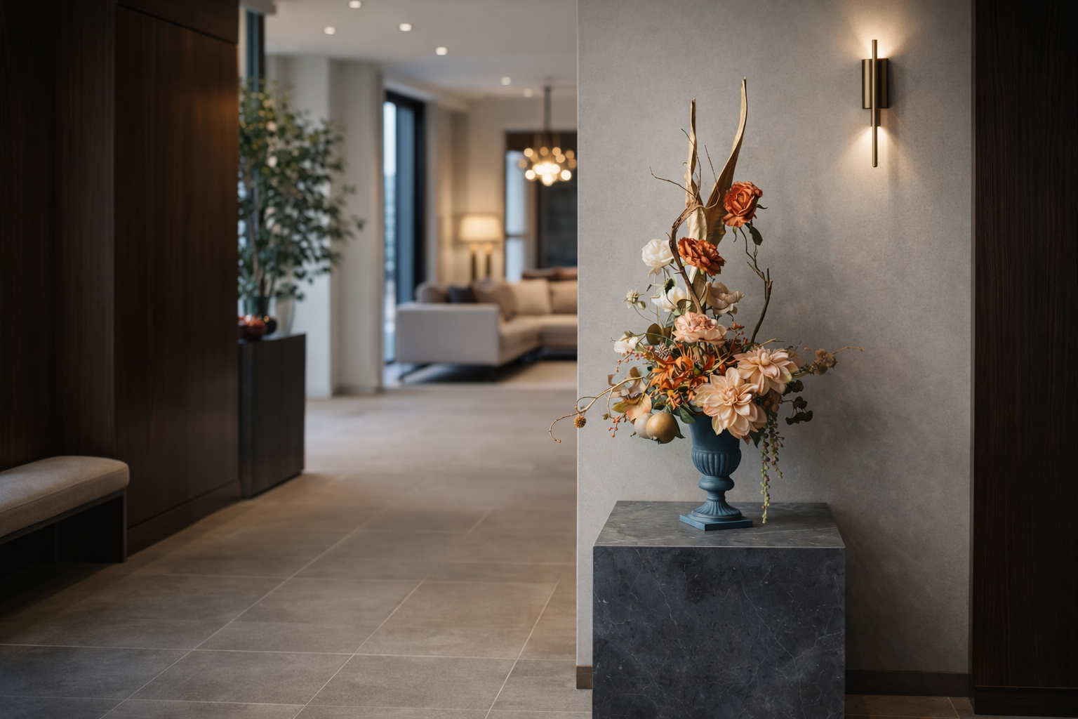 名古屋市の高級ハウスメーカーの展示場（モデルハウス）のエントランスを芸術的に彩る、マサコモデストのレンタルフラワー。プリザーブドフラワーをメインにアーティフィシャルフラワーを効果的に組み合わせたハイブリッドな装花。