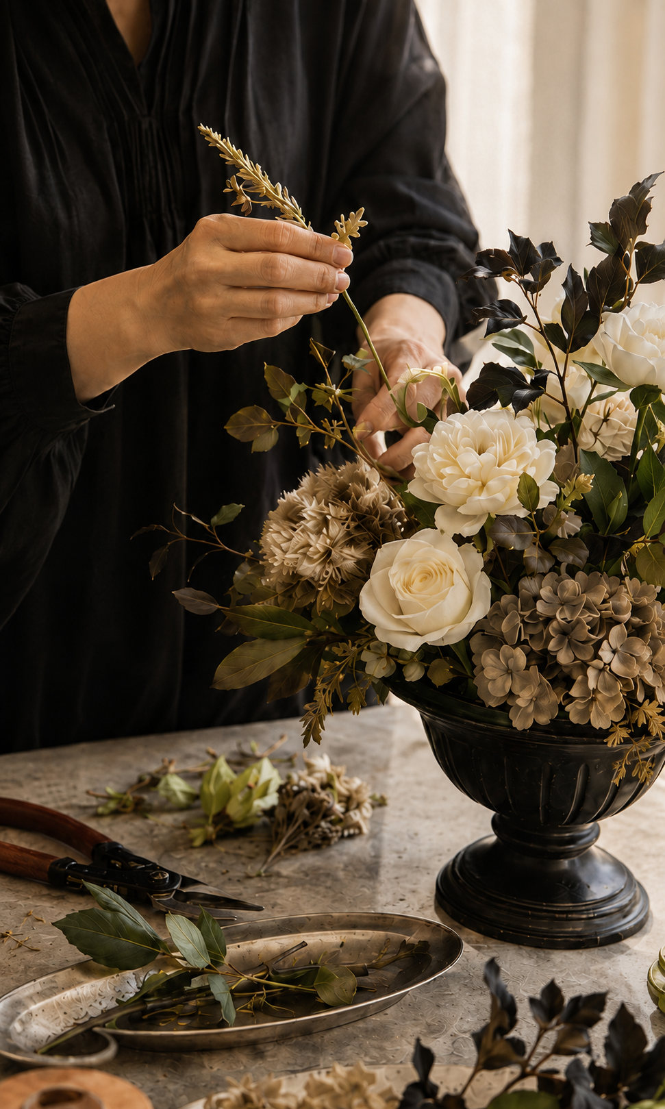 白とベージュの花を黒い花器に仕立てるフラワーデザインの制作イメージ