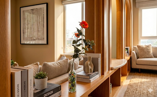 ハウスメーカー展示場（モデルハウス）を彩るMasako Modesteのレンタルフラワー。デザイナー高松雅子が手掛ける、花びらから作り出した２輪のオレンジのポピーとグリーンの実をあしらった、温かみのあるプリザーブドフラワー。自然光が差し込む明るいリビングのシェルフに、住宅の魅力を引き立てる上質なインテリア装飾として価値を更に高めます。