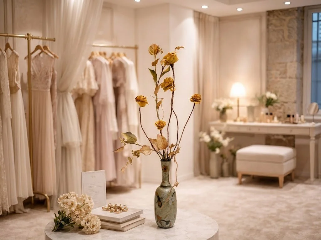名古屋の百貨店や商業施設でのPOP UPストア（期間限定ショップ）を華やかに彩る、マサコモデストの高級レンタルフラワー事例。柔らかなドレスが並ぶアパレル空間に調和する、ベージュやアンティークゴールドに合う装花（プリザーブドフラワーメイン）。大理石のテーブルを彩る芸術的なディスプレイが、ブランドのエレガントな世界観を演出し、来店客の目を惹きつけます。