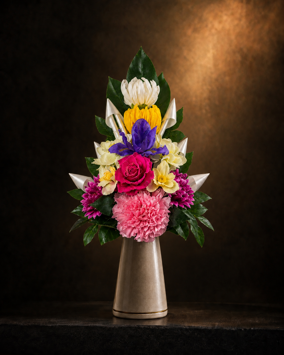 マサコモデストの仏花ブランド「イノリユイ」の光華。プリザーブドフラワーとアーティフィシャルフラワーを使用した、華やかで高級感のある水替え不要のモダン仏花。