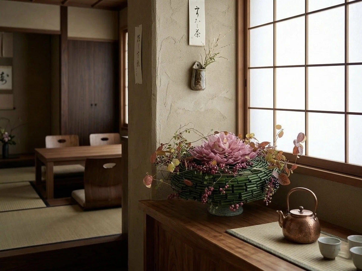 日本料理店の空間に調和する、四季の移ろいを感じさせる和モダンなフラワーアレンジメント
