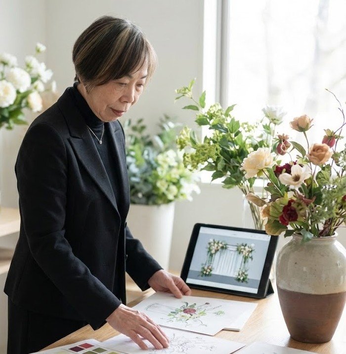 MASAKO MODESTE（マサコモデスト）高松雅子がクライアントの空間に合わせた最適なフラワーデザインを構想する様子