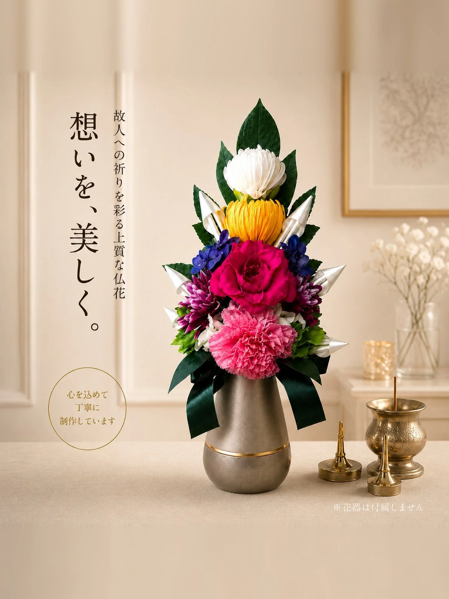 故人への想いに寄り添う祈結「天翔」を花器に飾った使用イメージ。花器は付属しません