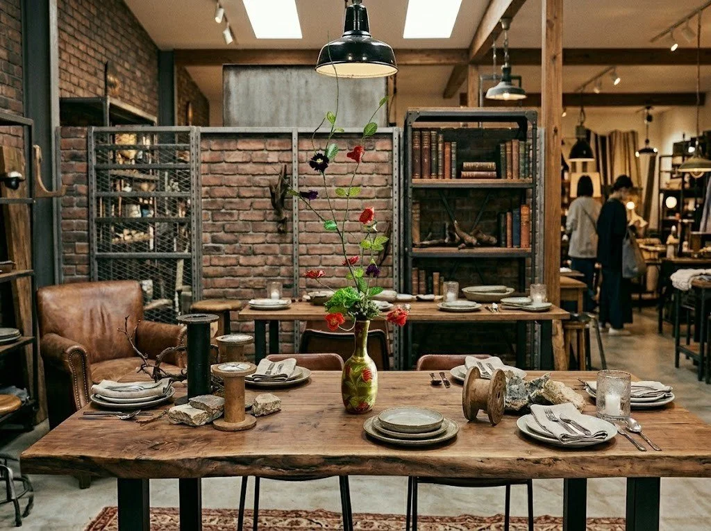 名古屋の家具店に展示されたMasako Modeste（マサコモデスト）の高級レンタルフラワー。和モダンな花器に活けられた、高さ60cmの精巧なプリザーブドフラワーとアーティフィシャルフラワーの作品が、インダストリアルな木製テーブルの上で空間を演出している様子。