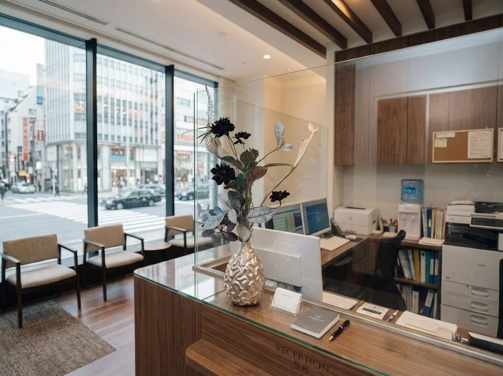 名古屋の高級クリニックや歯科医院の受付カウンターを彩る、マサコモデストのレンタルフラワー事例。清潔感のある受付デスクに飾られた、ゴールドの花器と濃い紫のダリアが目を引くハイブリッド装花。来院される患者様に安心感と上質なホスピタリティを伝える、洗練されたモダンな院内装飾です。