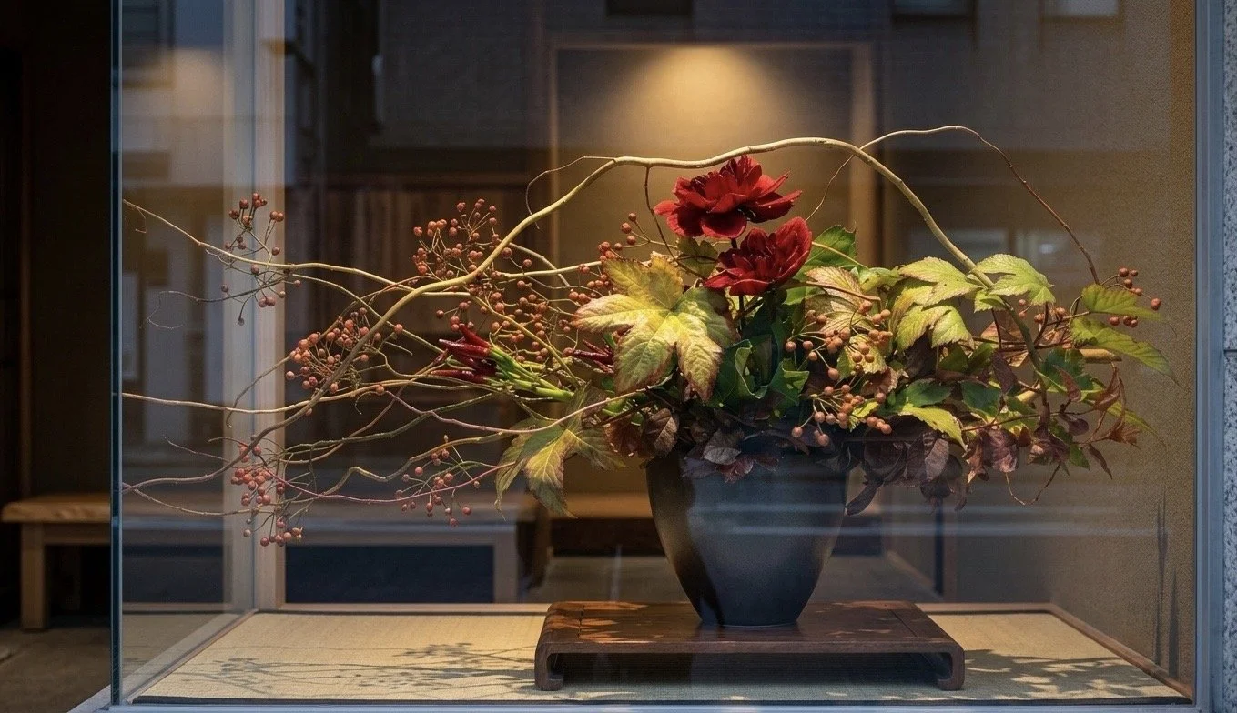 老舗店のイメージに合わせた、落ち着きのある季節のレンタルフラワー