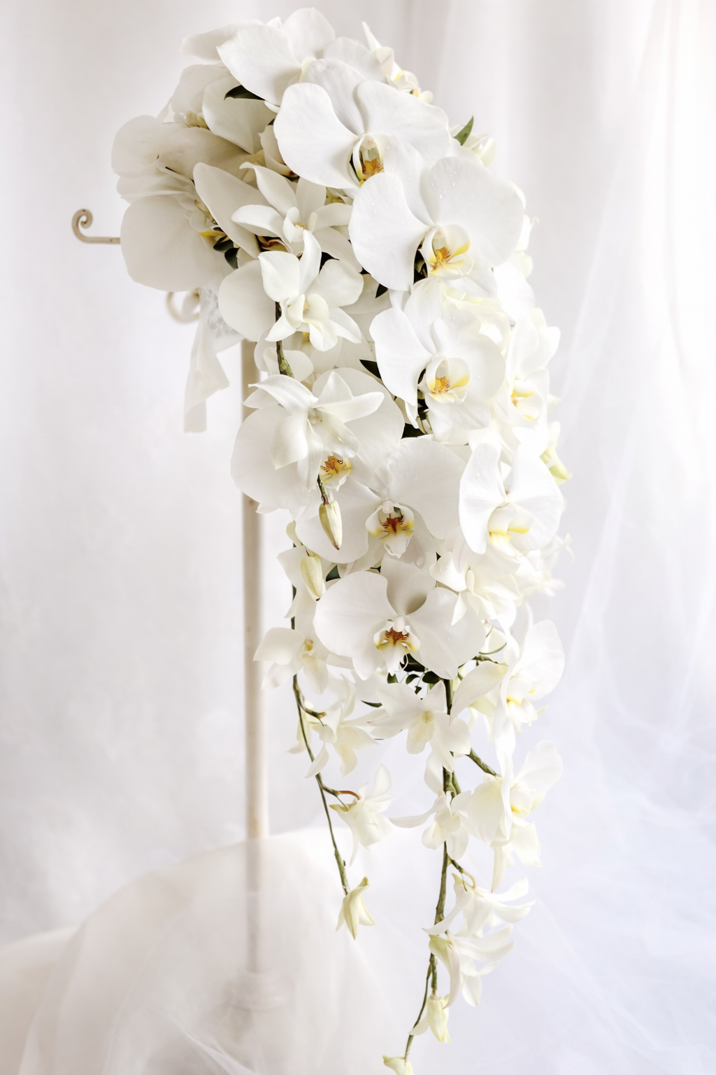 名古屋にあるmasako modeste（マサコモデスト）デザインの白の胡蝶蘭を贅沢に使用したウエディングブーケ。エレガントなキャスケードスタイルのフラワーデザイン。