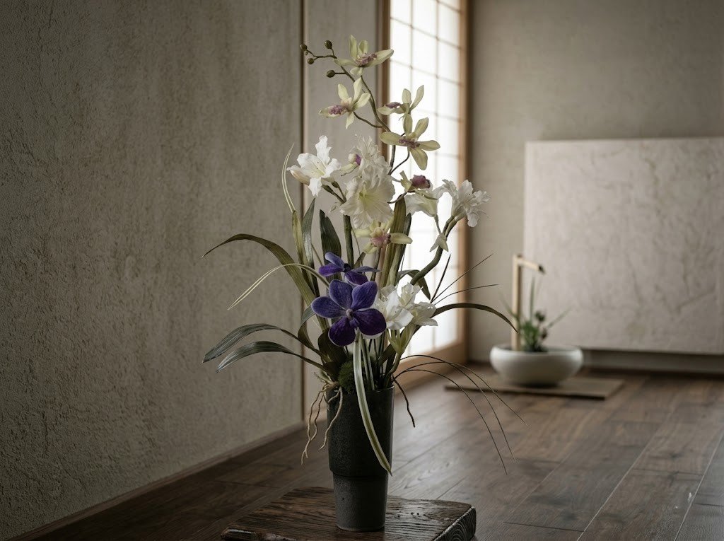 高級割烹料理店に飾られた「マサコモデスト」のレンタルフラワー。高さ80cmの凛とした胡蝶蘭とシンビジウムのアレンジメント。紫と白のコントラストが美しいプリザーブドフラワーとアーティフィシャルフラワーを、重厚な黒の和花器に活けている。背景には障子と土壁、木目調の床が広がる、静寂で洗練された和モダンの空間演出。