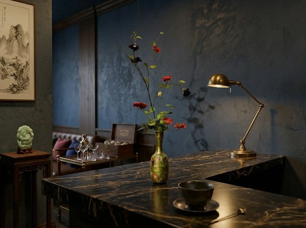 アンティークでクラシックなカフェのカウンターに飾られた、マサコモデストの高級レンタルフラワー。高さ98cmの繊細な枝振りと赤い花が特徴の和モダンな造花アレンジメントが、真鍮のランプや黒い大理石のテーブルがある上質な空間を彩っています。