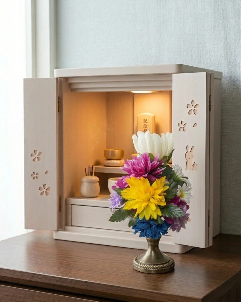 モダンな仏壇を華やかに彩る「葉月-hazuki-」。現代のインテリアや祈りの空間に寄り添う、水替え不要で手間いらずな高品質の供花イメージ。