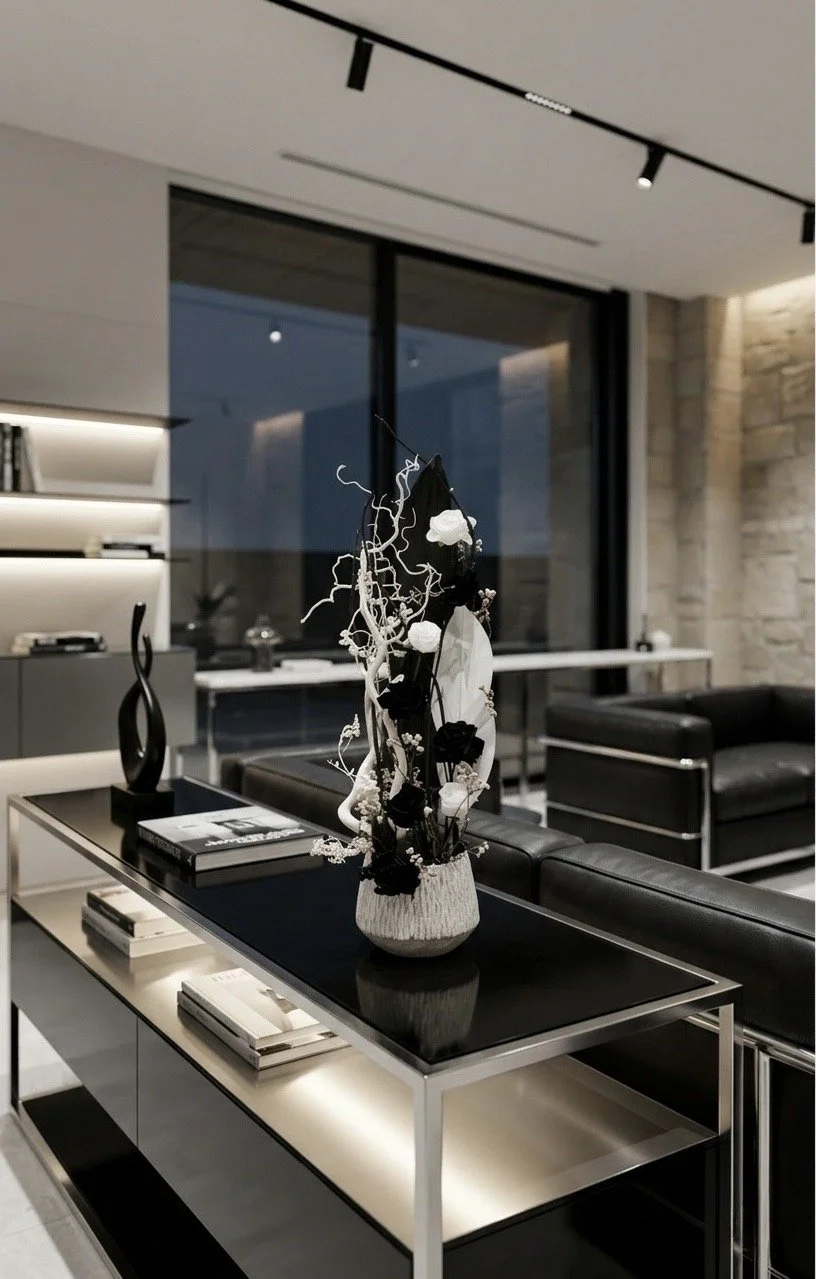 インテリアショップの展示家具に彩りを添える、スタイリッシュなレンタルフラワーのディスプレイ
