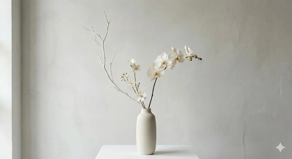 白い花瓶に生けられた、気品ある胡蝶蘭と繊細な枝物の仏花。モダンでお部屋のインテリアにも馴染む、洗練された供養のお花のアレンジメント。