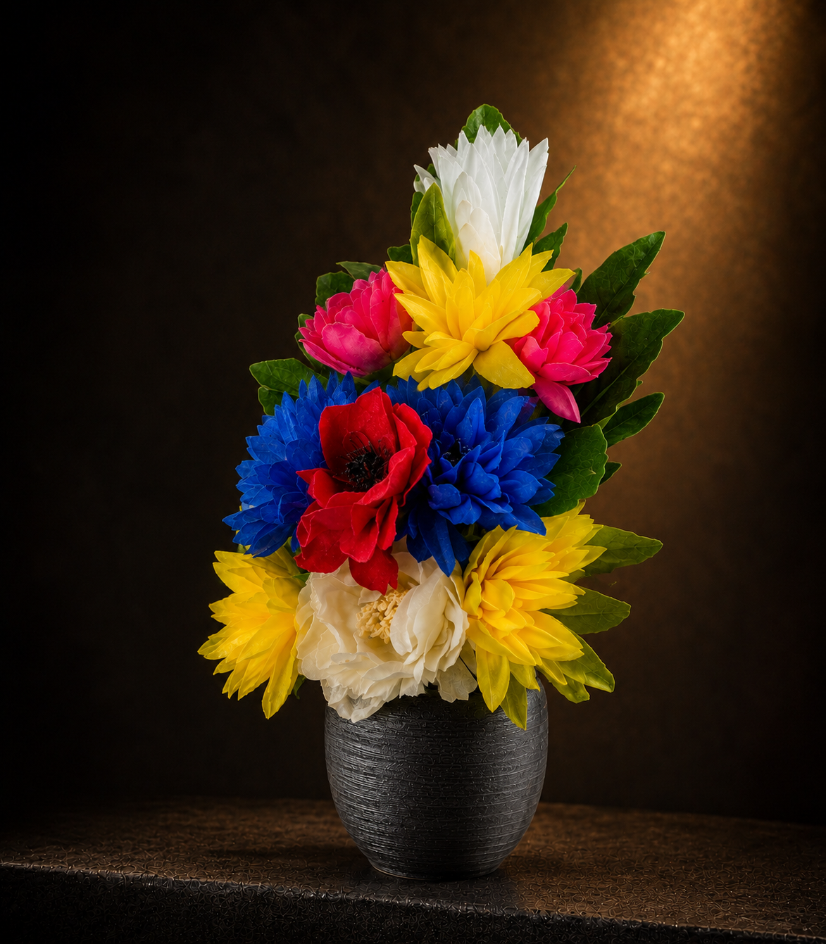 イノリユイの仏花「tomoshibi（灯火）」を右斜め45度から撮影した商品画像。マサコモデストが手がける、赤・青・黄・白の花を黒い花器に合わせた高級感のあるプリザーブドフラワーとアーティフィシャルフラワーの供養花。