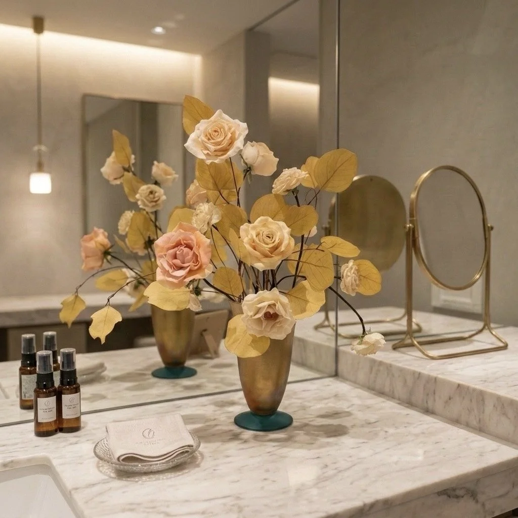 高級エステサロンのパウダールームを華やかに飾る、エレガントなレンタルフラワー