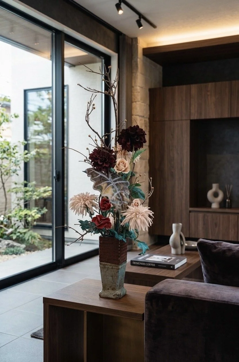 ハウスメーカーのモデルハウス展示に彩りを添えるレンタルフラワー。インテリアコーディネートの例