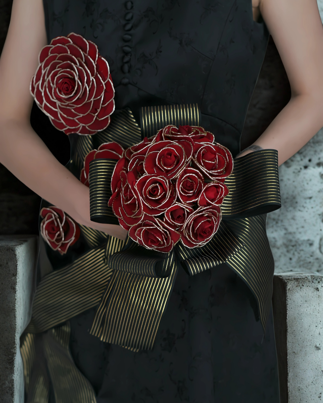 黒いドレスを着た女性が赤いバラの花束を持っている。バラは金の縁取りが施されている。