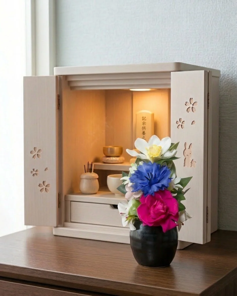 家具調仏壇に安置された「想花〜souka〜」。伝統的な仏壇からモダンな小型仏壇まで、あらゆる様式の仏壇に調和する、水替え不要な高品質の供花。
