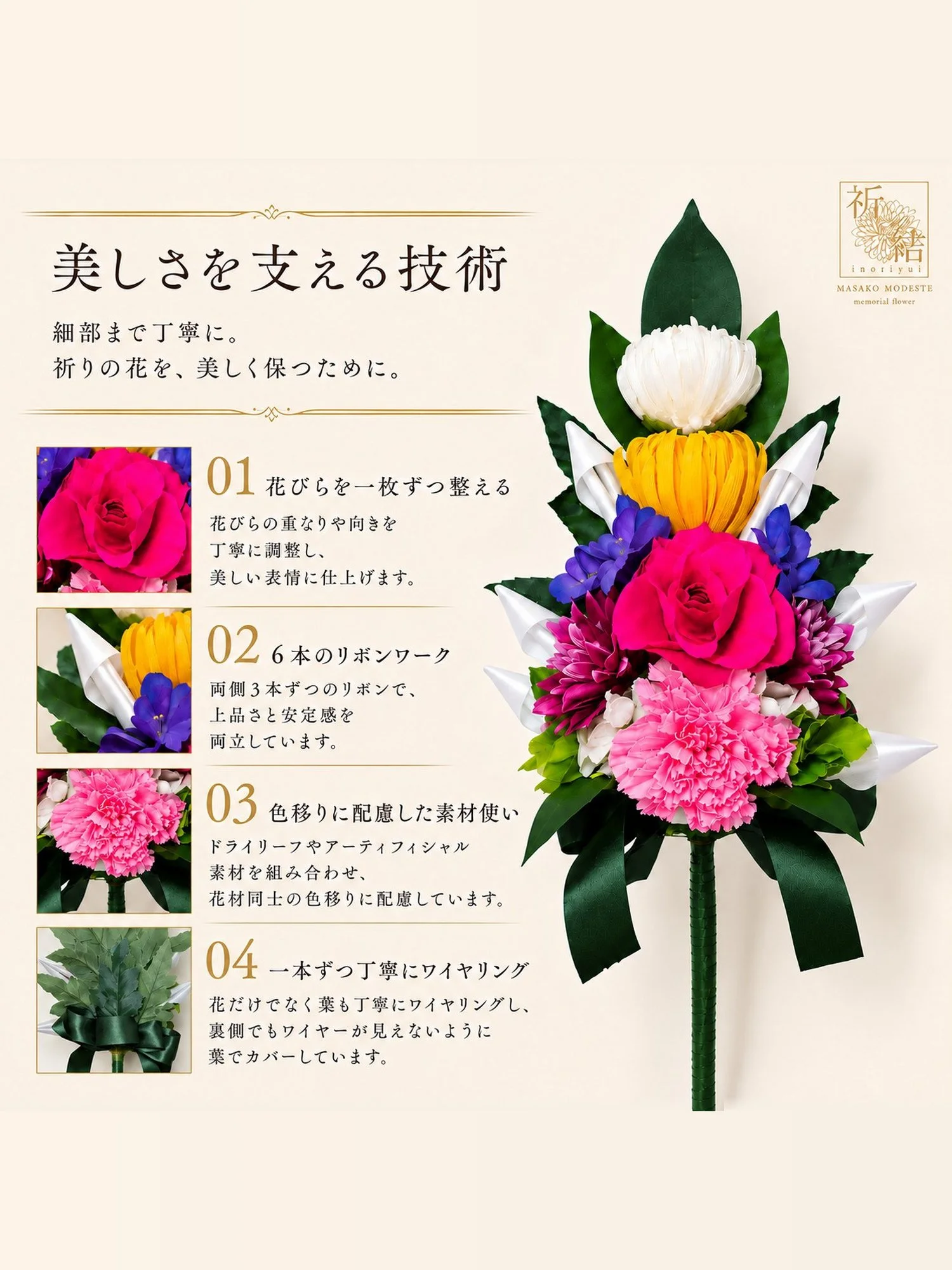 祈結「天翔」の制作技術。花びらの調整、6本のリボンワーク、色移りへの配慮、葉のワイヤリングを紹介