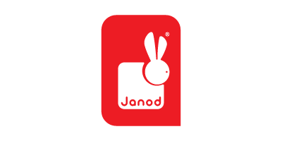 Janod logo with a white rabbit silhouette on a red background.
