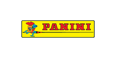 Panini logo featuring a colorful cartoon character with a red hat, blue body, and yellow arms holding a basketball on a yellow background.
