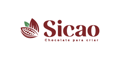 Sicao logo with green leaf, red cocoa pod, and chocolate bean, and the text 'Sicao' and 'Chocolate para crear.'