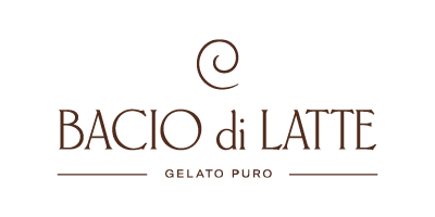 Bacio di Latte logo with chocolate swirl and text indicating pure gelato