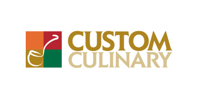 Logo for Custom Culinary featuring a stylized spoon inside a divided square with red, green, gold, and brown sections, and the words "CUSTOM CULINARY" in gold lettering.