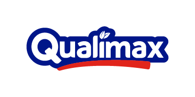Qualimax logo with blue text, a leaf, and a red underline on a black background.