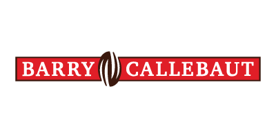 Logo for Barry Callebaut with a red banner and brown cocoa bean icon between the name.