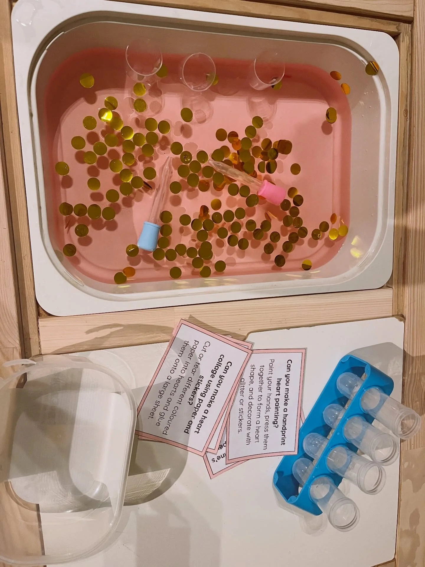 A pink sparkle water tray for Valentine&rsquo;s Day of course!