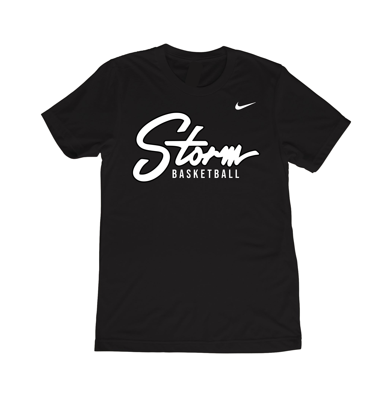 Black Nike basketball T-shirt with the words 'Storm Basketball' printed on the front in white.