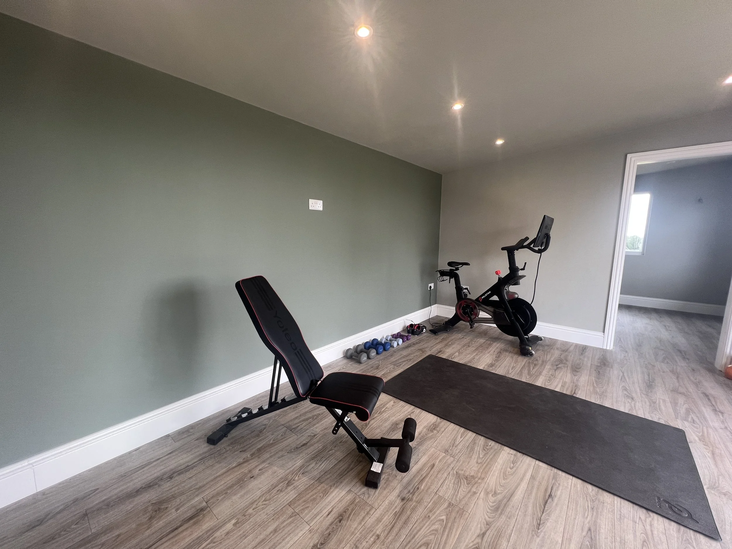 Home gym room with a black exercise bike, a black and red workout bench, a black yoga mat, a row of dumbbells, and small dumbbells on the floor, with a window and green walls.