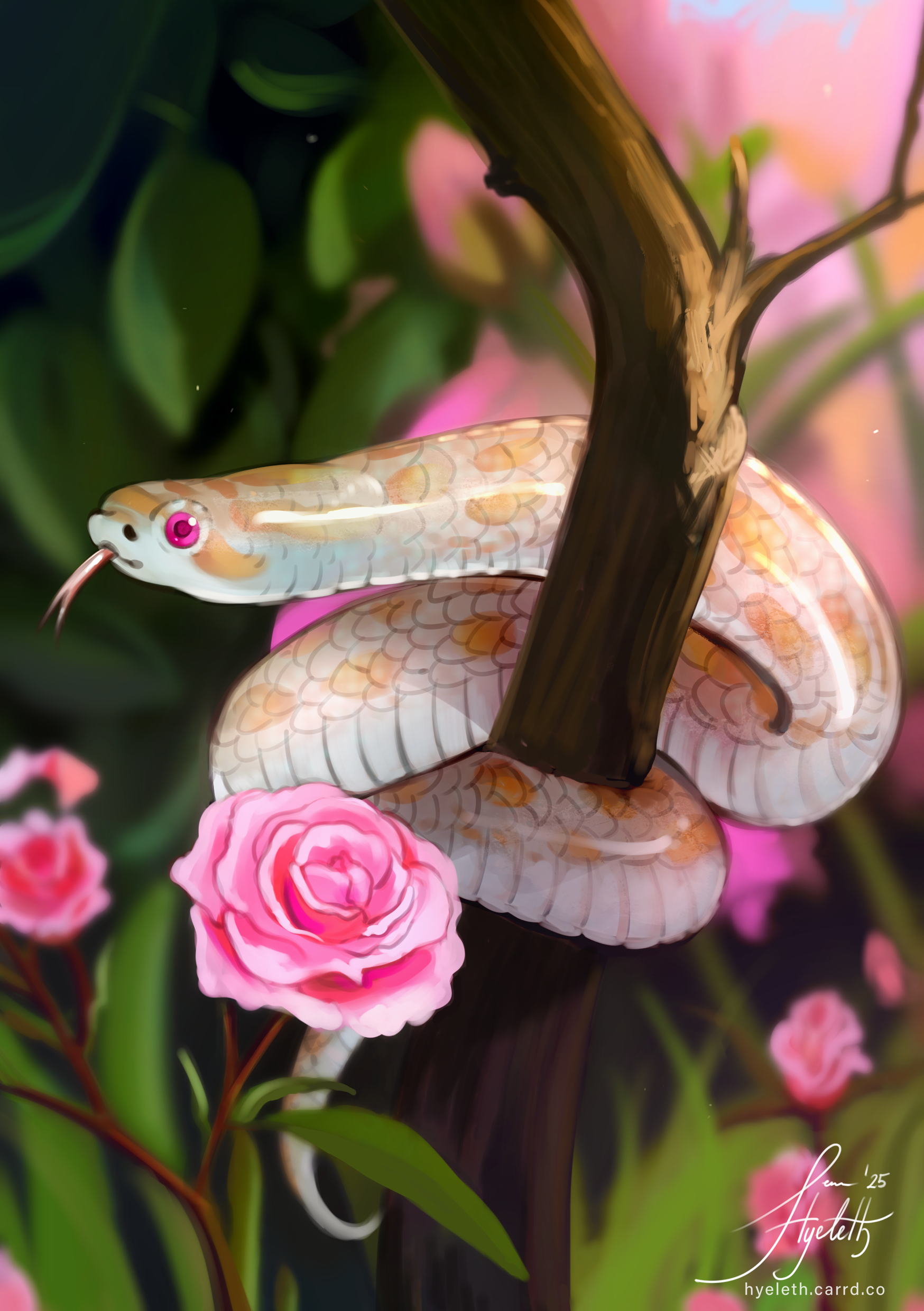 A snake with pink eyes and light-colored scales coiled around a tree branch, surrounded by pink flowers and green leaves.