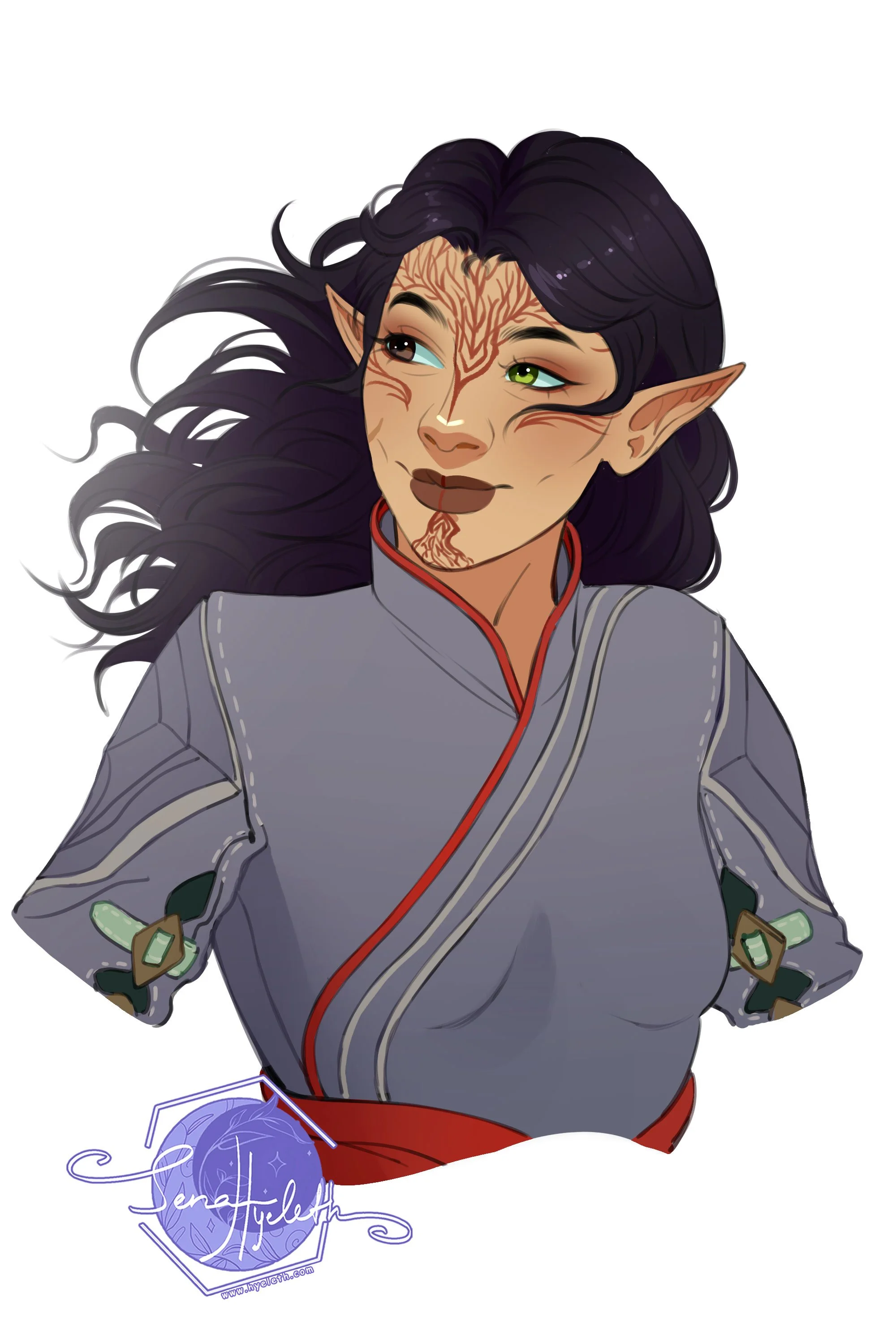 Digital illustration of a humanoid elf with dark purple hair, green and blue eyes, and facial tattoos, wearing a gray and red robe.
