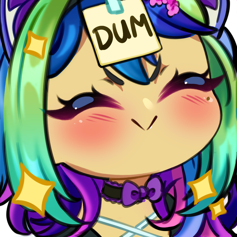 Close-up of a chibi-style character with rainbow-colored hair, wearing a purple bow tie and a black choker, with a 'DUM' sticky note on her forehead, smiling with closed eyes and blushing.